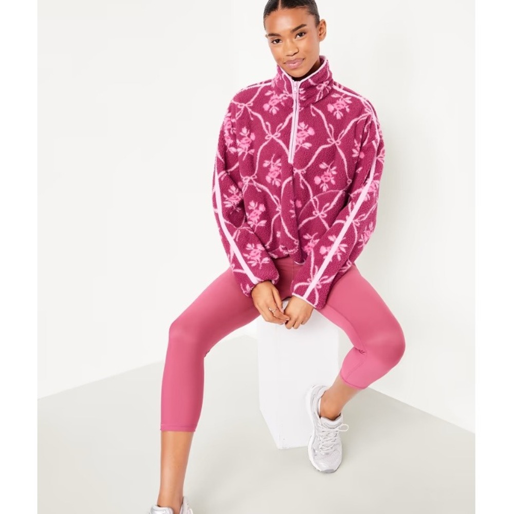 Old Navy Sherpa Quarter Zip Women XL Pink Floral NWT Fleece Pullover Jacket
